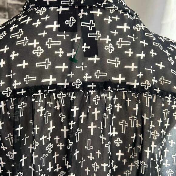 FUN & FLIRT Semi-Sheer Blouse Black W/ White Crosses Religious Punk Grunge Goth - Picture 6 of 8